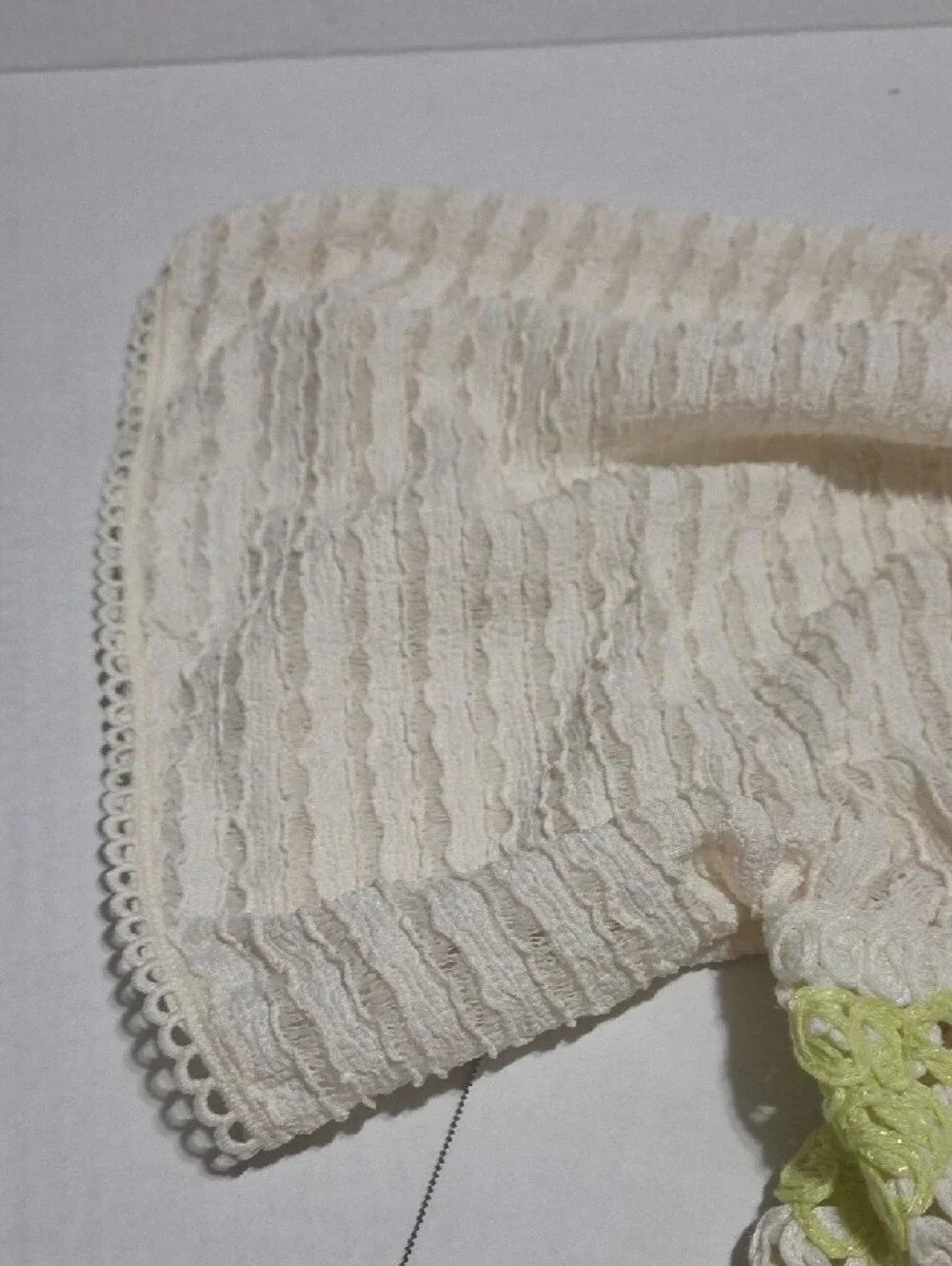 Anthropologie Cream Blouse with Light Green Crochet Yoke